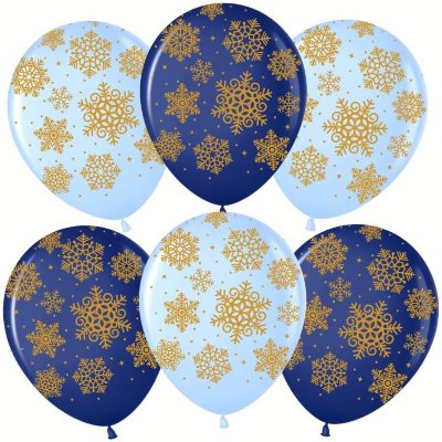 Воздушный шар (12»/30 см) Золотые снежинки — синий, голубой