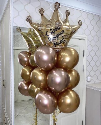 Фонтан из воздушных шаров «хром золото» с короной