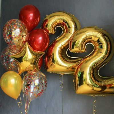Композиция из воздушных шаров с цифрой «Красное и золотое»