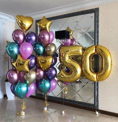 Фонтан из воздушных шаров с цифрами на юбилей
